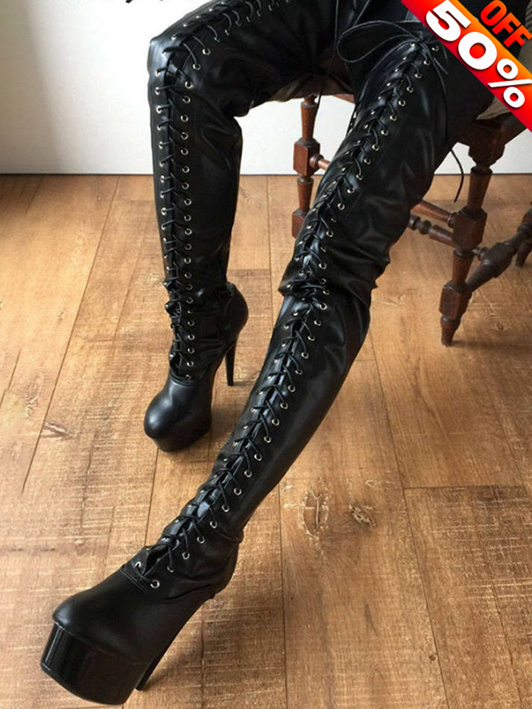 Black Lace Up shiny Over The Knee Boots Exotic Dancer 15cm Gladiator Thin Strip Heels Round Toe Nightclub Catwalk Sexy Fetish