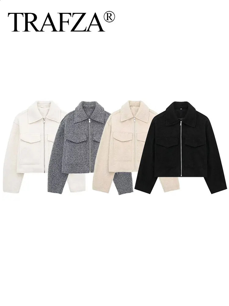 TRAFZA Coat For Women 2024 Solid Long Sleeve Lapel Zipper Cardigan Jacket Female Pocket Wild Casual Street Woman OuterCoat Top 240910