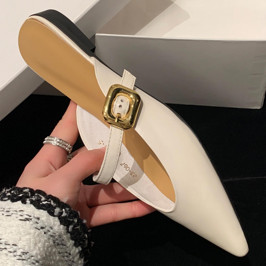 cow Women's leather metal buckle pointed toe slip-on flats sandals high quality female summer mules casual daily slides fac5