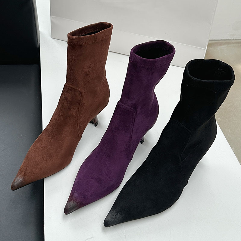 Purple Fashion Pointed Toe Ladies Ankle Stretch Slip On Female Designer Footwear Elastic Women Short Boots Shoes