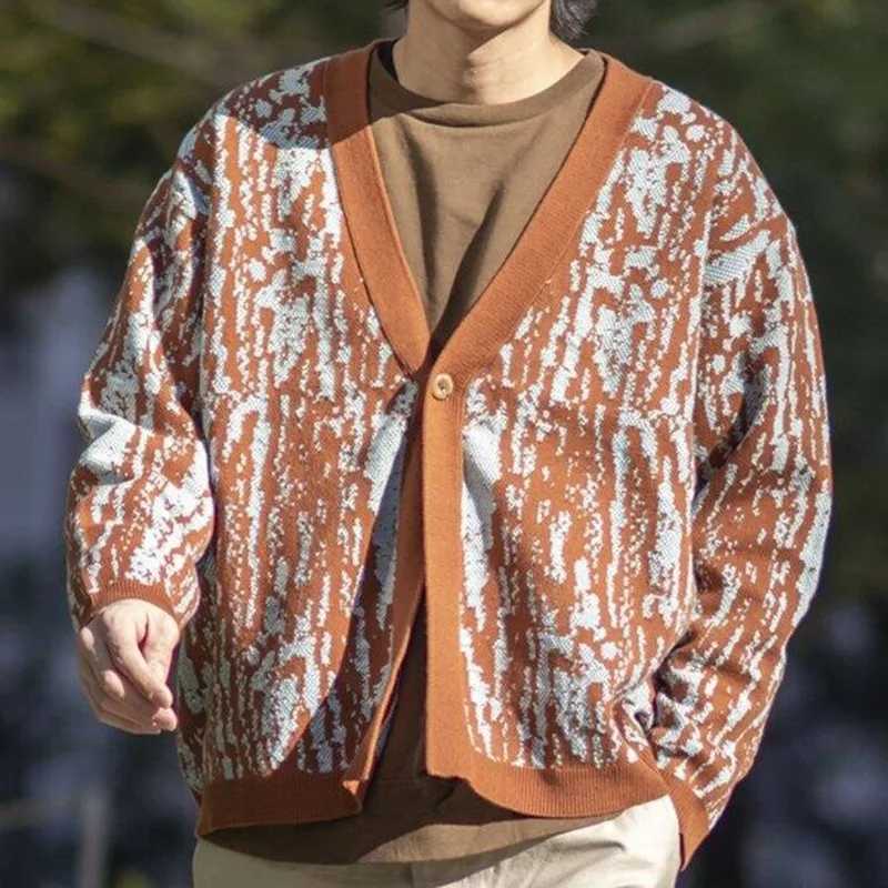 Young Mens Jacquard Knitted Sweater Autumn Winter European American Thick V-neck Cardigan Thick Needle Sweater Jacket for MenXJ240907