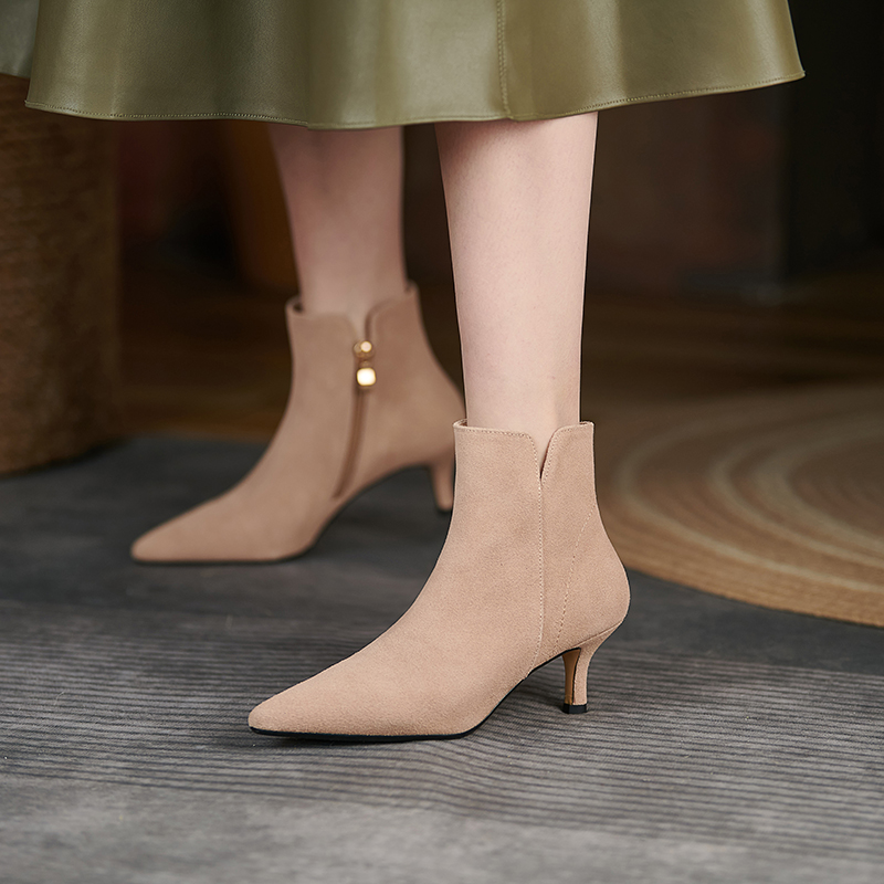 2024 New Autumn Winter Boot Genuine Leather Ankle Fashion Women Shoes Pointed Toe Stiletto High Heels Modern Boots c056