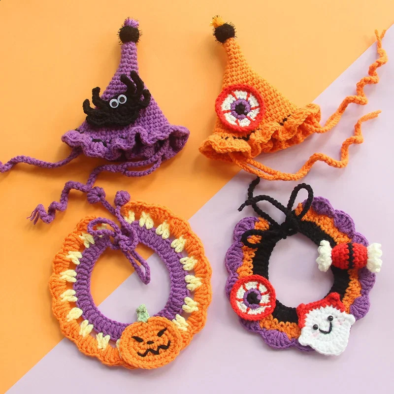 Halloween Ghost Festival cat crochet collar dog pet bib decoration collar pumpkin handmade wool knitted dog bandage 240914