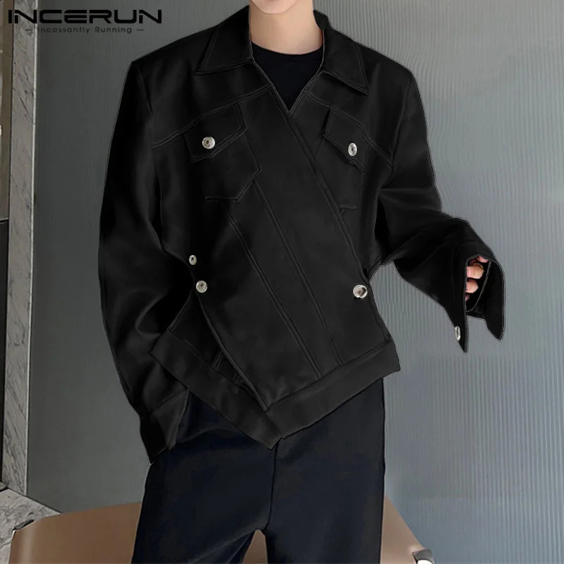 INCERUN Mens Irregular Jacket Solid Color Collar Long Sleeve Casual Coats Streetwear Autumn Fashion Jackets Outerwear 240904