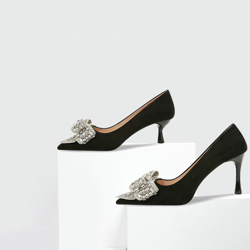 Spring 2024 New French High Heels Rhie Bow Suede Fine Heel Pointed Temperament Single Shoes 88c6