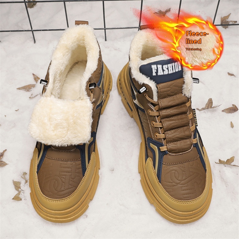 Mid top leather with plush Martin boots for outerwear, warm snow boots, British style men's thick soled cotton shoes