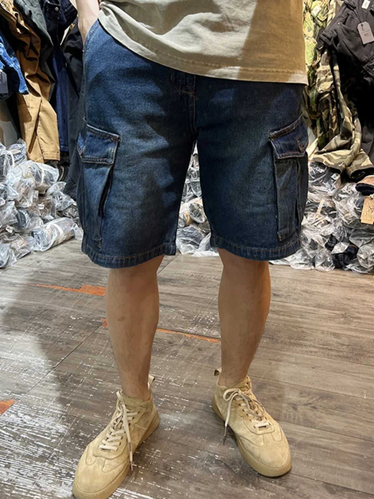 Heavyweight Washed 100% Cotton Denim Shorts for Men Multi Pockets Casual Loose Straight Half Pants Distressed Summer WorkwearX240914