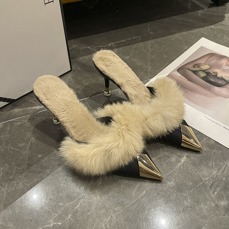 High Heel Shoes Fur Slippers Women Mules Pointed Toe Furry Slides Fashion Elegant Designer Flip ps Office Pumps 0f4a