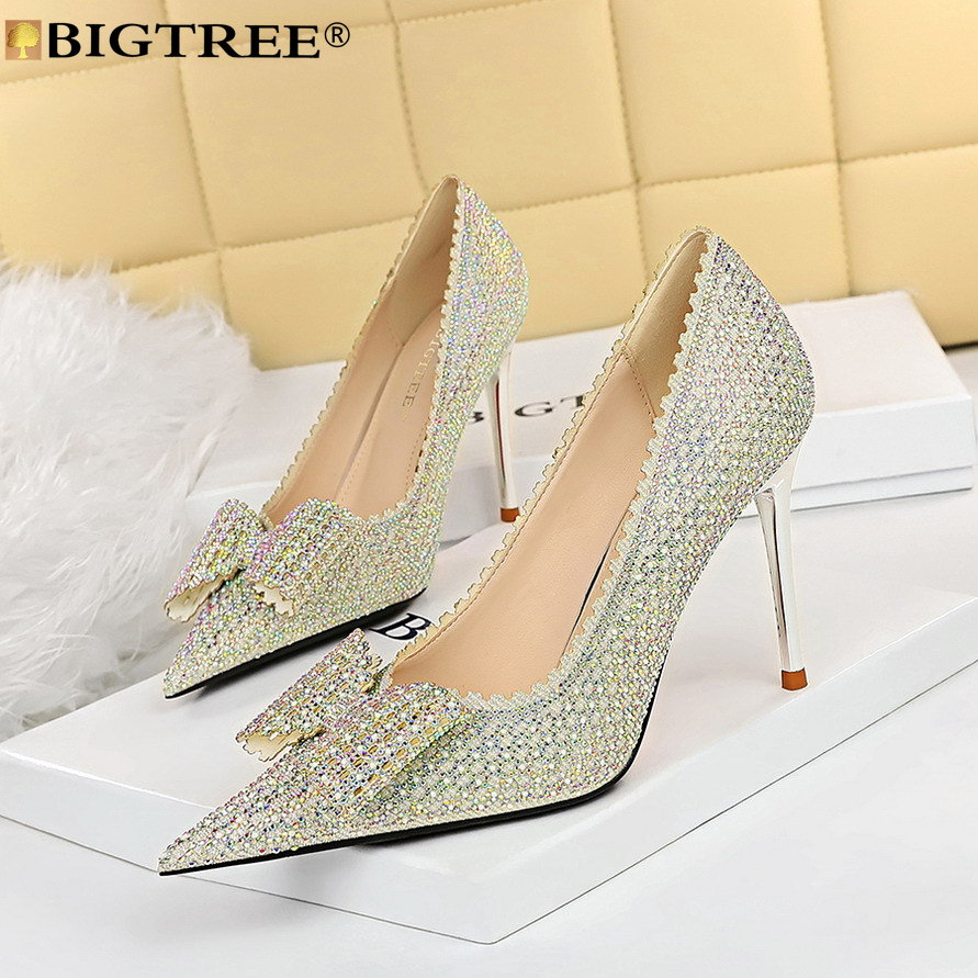 New Designer Pumps Sexy Party Butterfly-knot Pointed Toe Sequined Cloth 9.5CM Thin Heels sweet Dress Women Shoes 418b