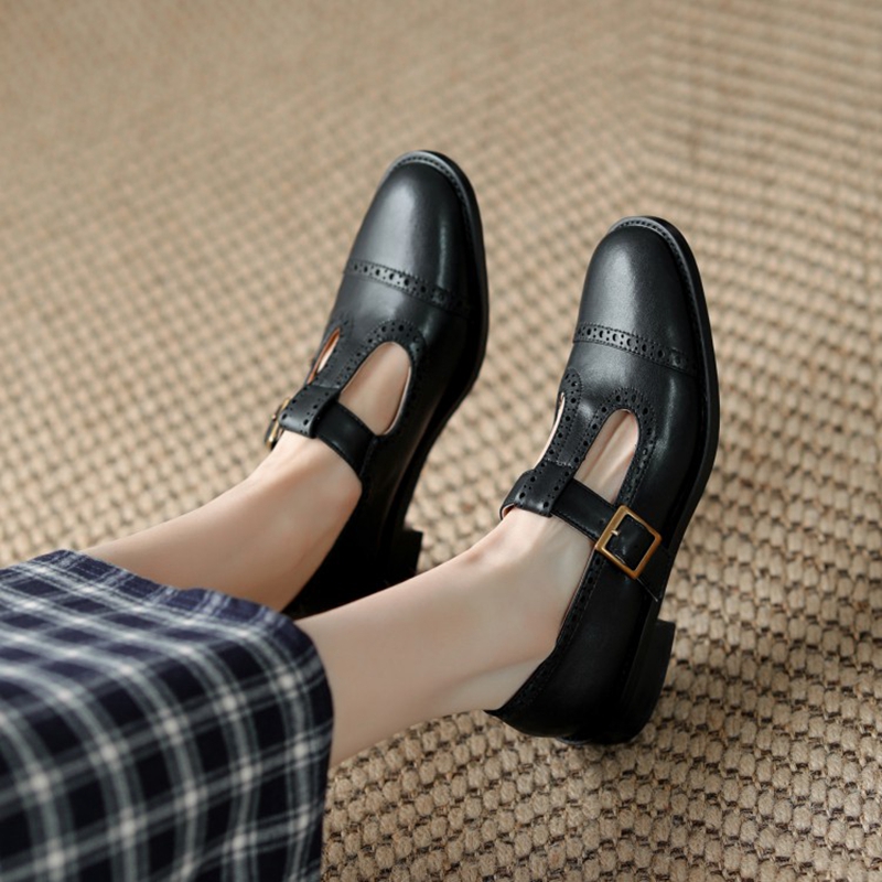 2025 new New 2022 Spring/Autumn Women's Shoes Round Toe Chunky Heel Mary Janes Split Leather Brown/Black Brogues Women Pumps e7c2