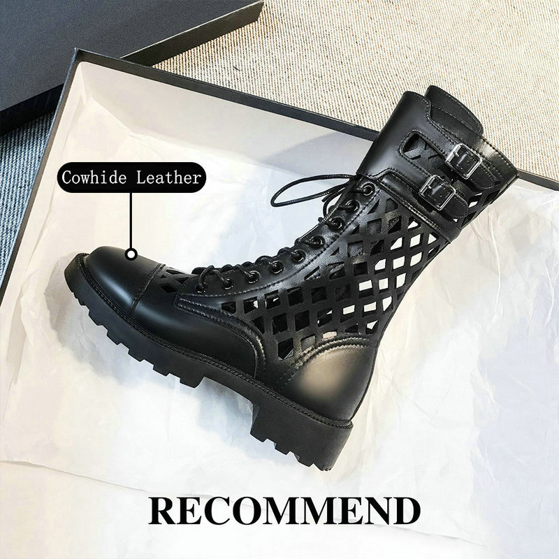 New 2024 Fashion Women Chunky Platform Ankle Black White Summer Hollow Out Breathable Cowhide Leather Zipper Middle Boots 39fd - view 4