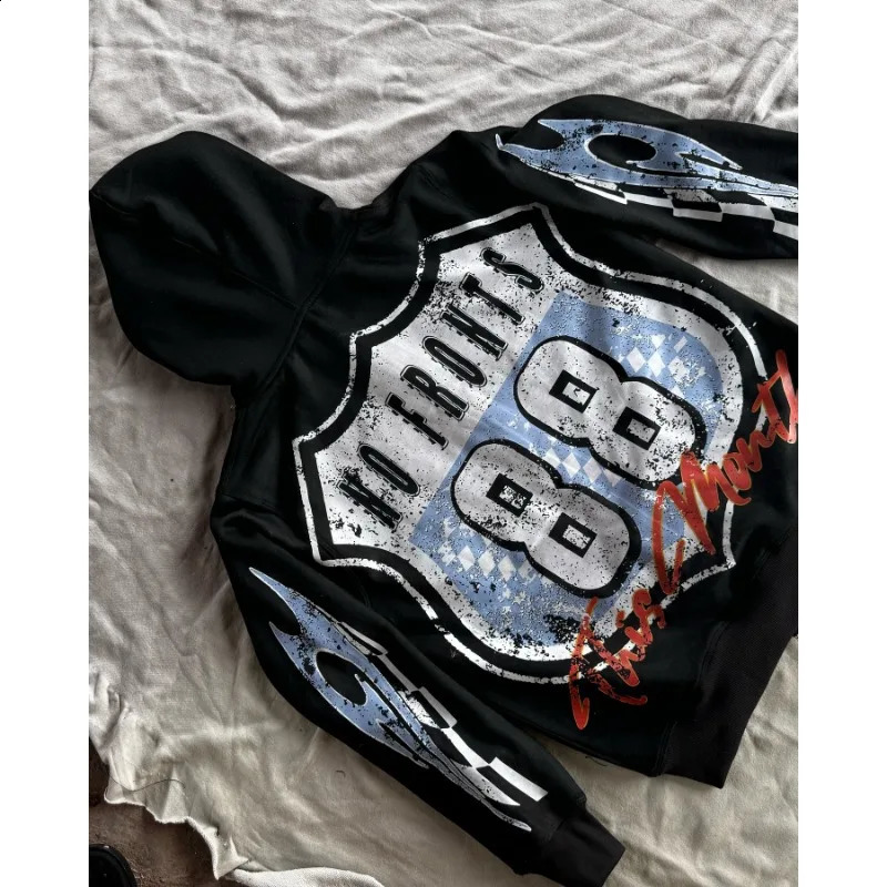 Alphabet racing element n printed zipper Cardigan hoodie for women y2k American hiphop rock pop casual sweater 240911