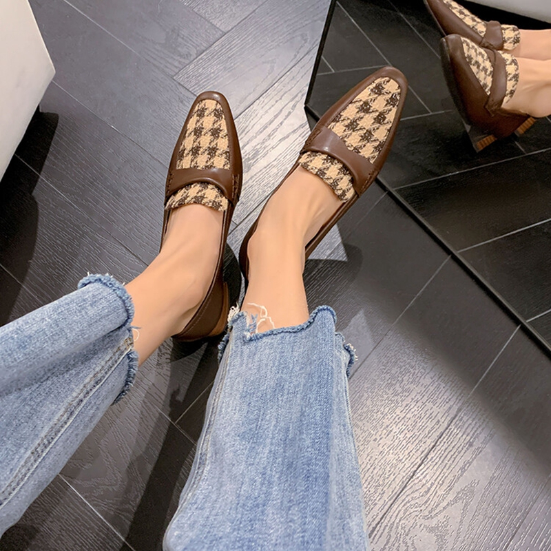 Spring NEW Loafers Square Toe High New heels Cotton Fabric Chunky Heel Pumps Retro Lattice Split Leather Shoes for Women bd93