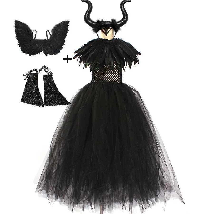 Halloween Costume Maleficent Tutu Dress For Girls Cosplay Evil Queen Black Mesh Princess Dress Kids Crow Wand Maleficent W250117