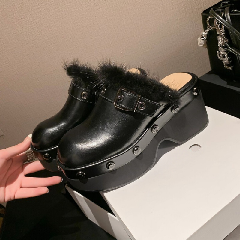 Style Punk Cowhide Rivet Metal Buckle Decorative Slippers 2023 New Women's Fashion Waterproof Platform 8cm Thick Heel Sandals 487e