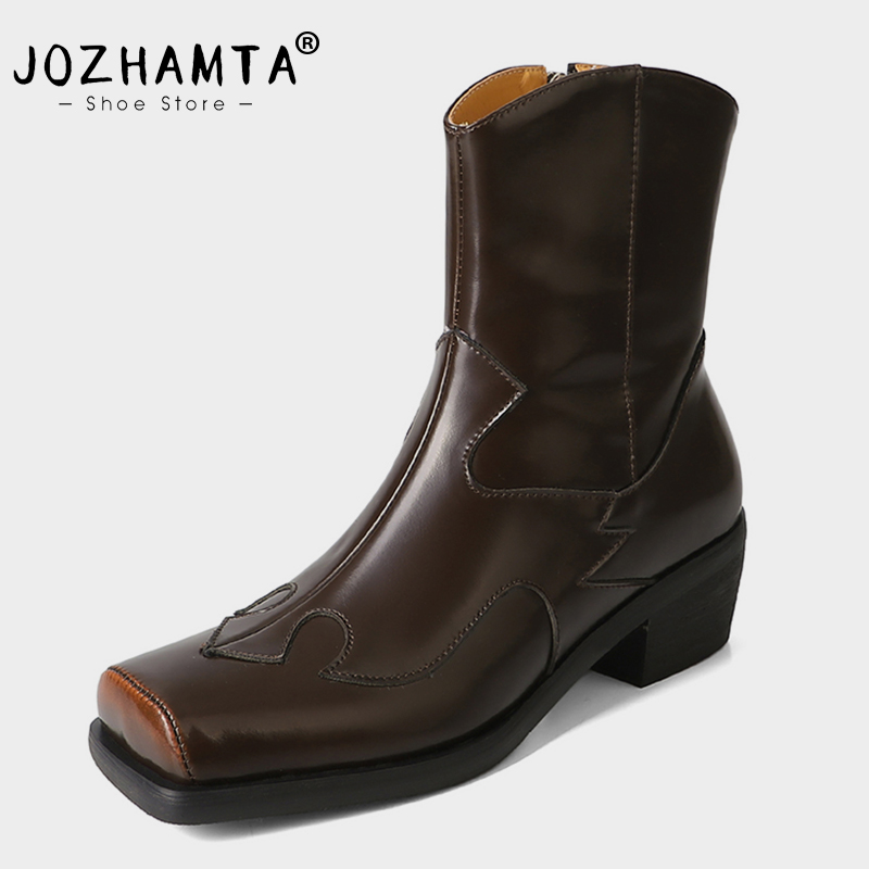 JOZHAMTA Size 34-40 Women Ankle Boots Western Genuine Leather Vintage Thick Heels Shoes Fall Winter Retro 2025 Short Booties