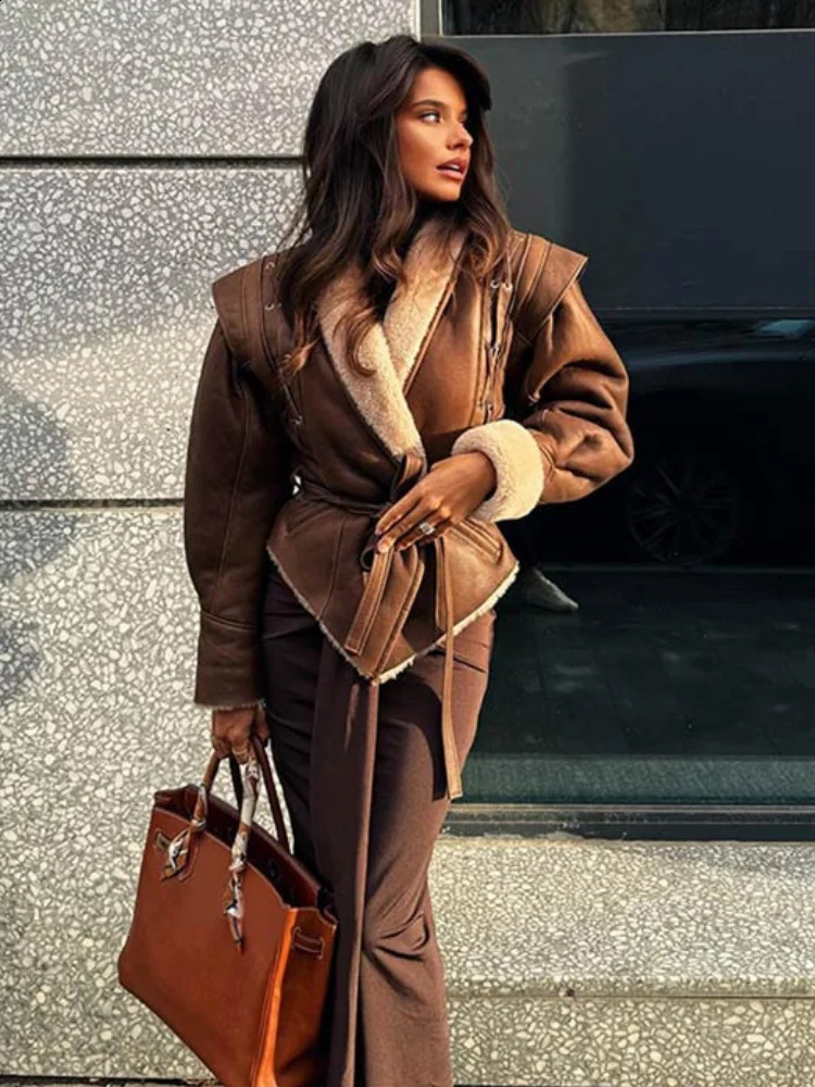 Fashionable cashmere leather patch work jacket with belt womens brushed tie lapel long sleeved ultrathin streetwear 240905