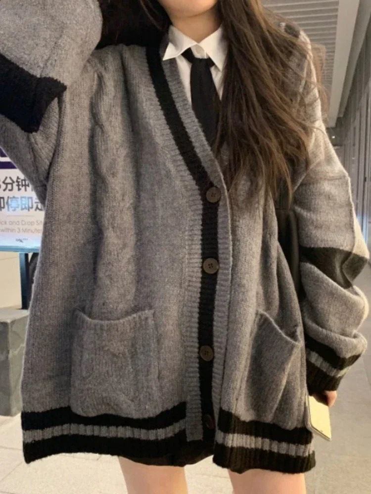 Cardigan Winter Grey Striped Knitted Sweater Women Korean Fashion Style Harajuku Oversize Preppy Female Coat 240904