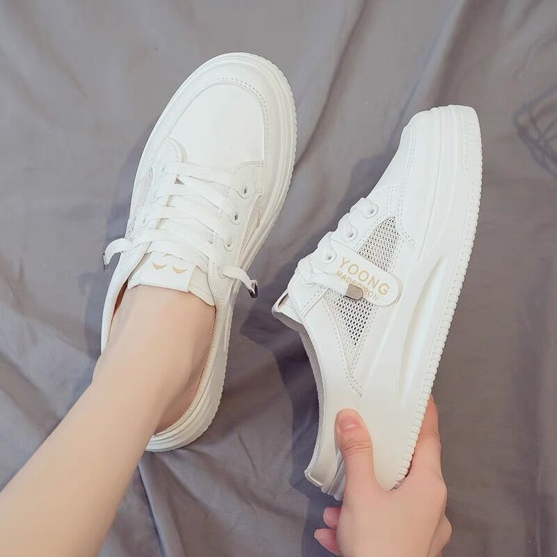 Round Head Lace-up Net Fabric Casual Slippers 2024 Summer Smiling Face Thick White Shoes Street Shoot Trend Net Women's Shoes