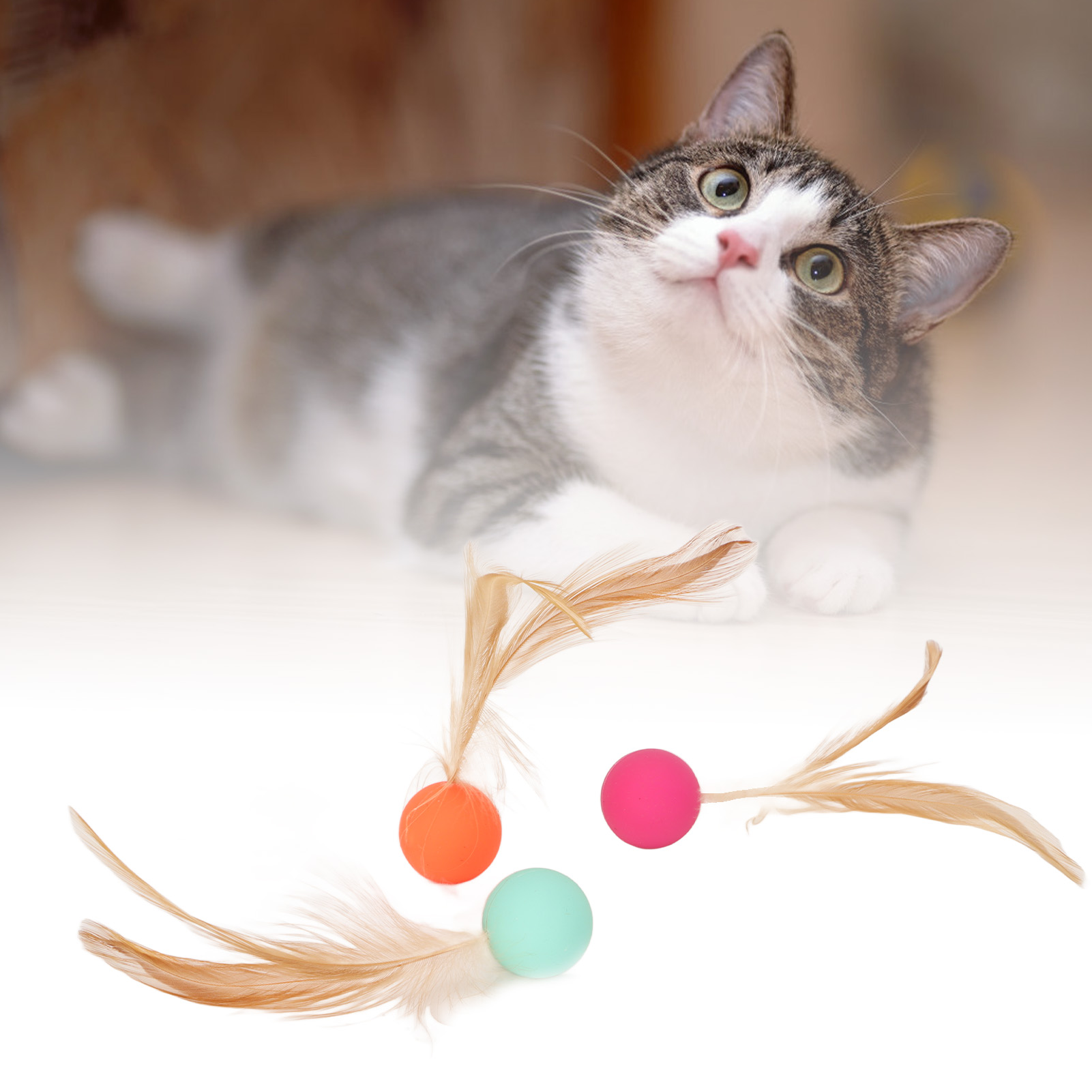 3Pcs Cat Bouncy Ball Interactive Soft Flexible Cat Balls With Feathers For Cats Kitten