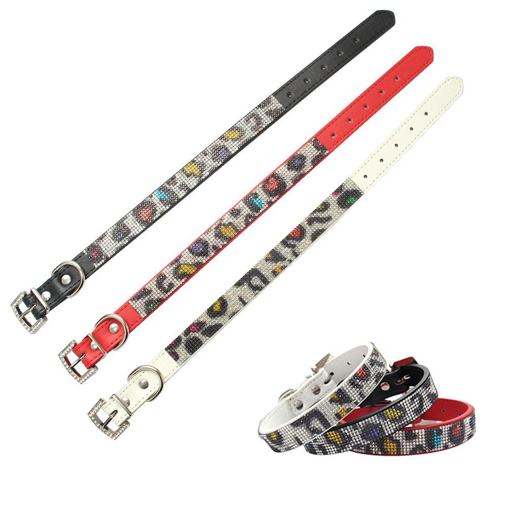 Dog Collar,Colorful Crystal Diamond Buckle Sparkle Leopard Print Leather with Rhinestones Collar for Small Dogs Medium Cats Dogs