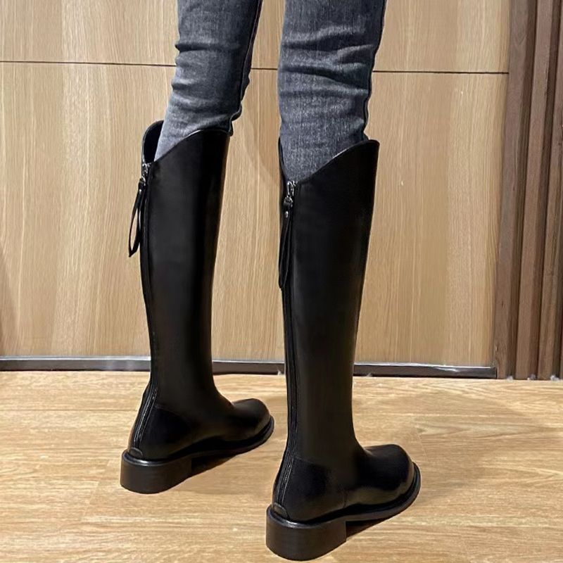 Black Footwear Brown Middle Heel Long Shoes for Woman Pointed Toe Winter Knee High Shaft Leather Women's Boots Pu Y2k Quality 39
