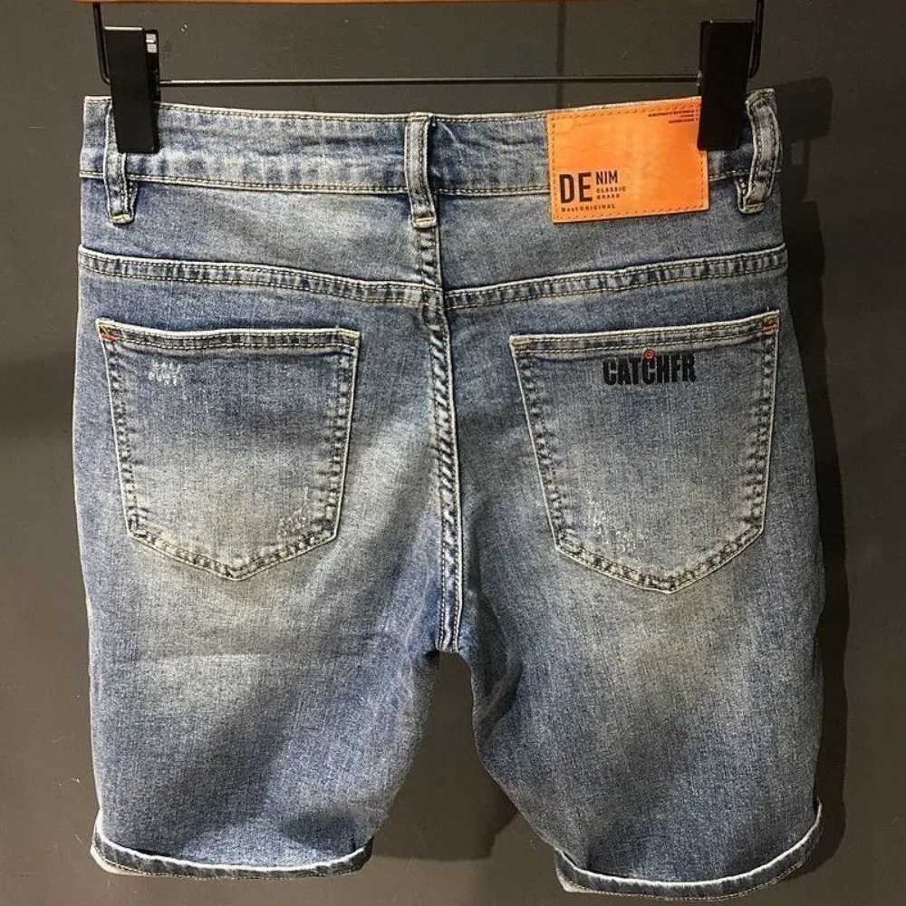 Korean Fashion Luxury Vintage Mens Summer Casual Denim Shorts Solid Trousers for Men Retro Workwear Loose Knee-length ShortsX240914