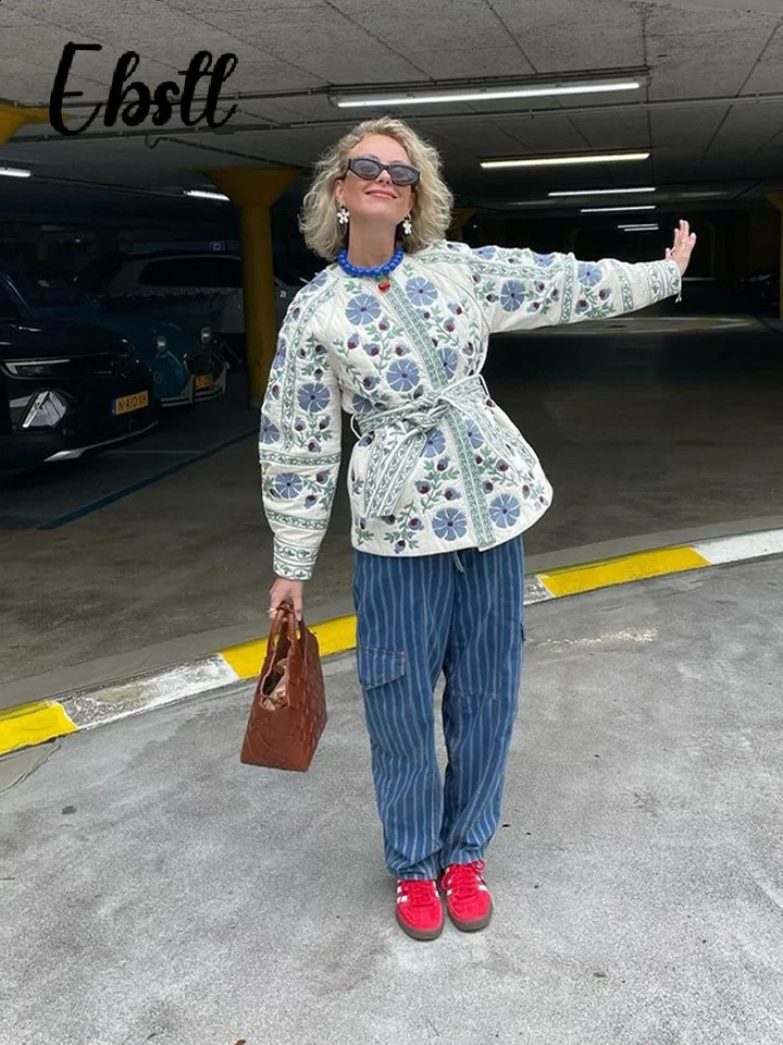 Casual Print Quilted Belt Coats Women O-neck Single Breasted Long Lantern Sleeve Jackets 2024 Autumn Winter Female Outwear 240912