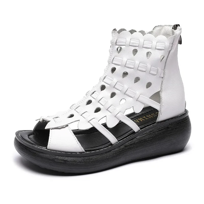 Summer New Retro Leather Thick-Soled Roman Sandals Fish Mouth Platform Shoes Women's Summer National Wedge Sandals
