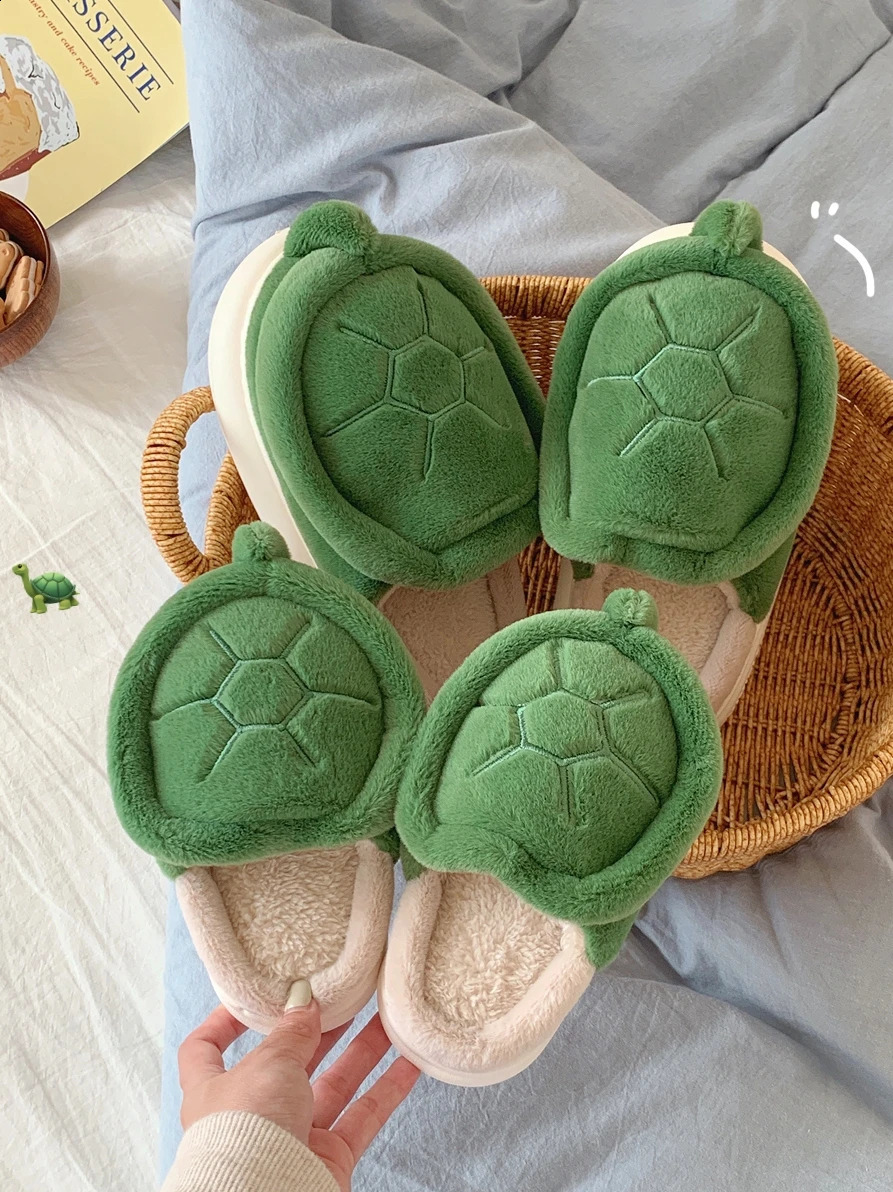 Cute Turtle Warm Plush Home Slippers Man Women Shoes For Parents Winter Comfortable Slipper 240914