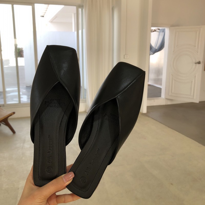 2022 designer mules shoes woman square toe slippers high quality leather patchwork sandalias mujer shallow mouth backsling shoes