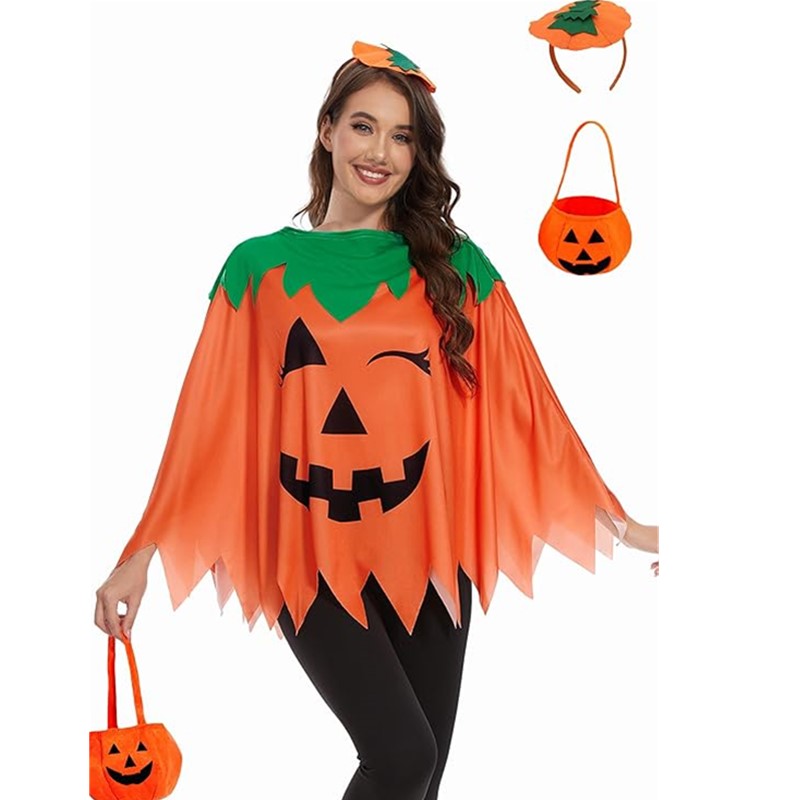 Unisex Halloween Pumpkin Costume 3 Piece Set with Poncho Headband and Candy Bag for All Ages Boys Girls Men Women Multi Style Wholesale