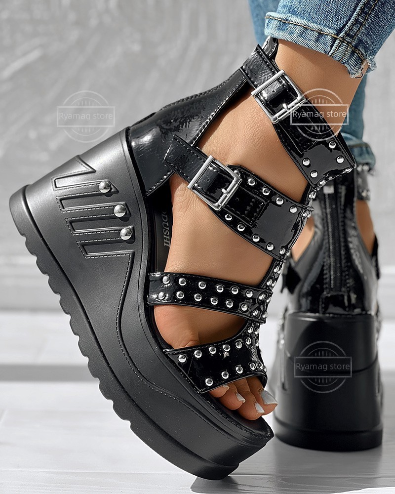 Sandals Women's Studded Buckled Hollow Platform Wedge Ankle Boots Shoes Women's Gladiator Platform High Heels Peep-toe Sandals