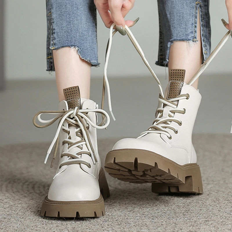 JOZHAMTA Size 34-40 Women Ankle Flatform Real Leather Thick Heels Shoes Woman Lace-Up Winter Ins Fashion Platform Boots