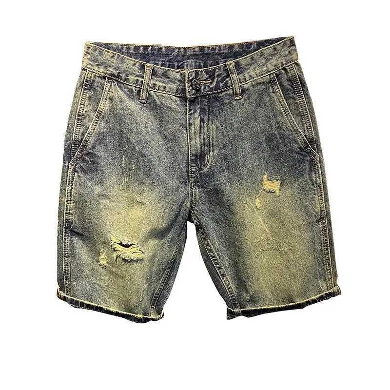 Vintage Washed Denim Shorts for Men Casual Summer Knee Length Jeans with Ripped Holes Korean Luxury Clothing Cowboy Short PantsX240914