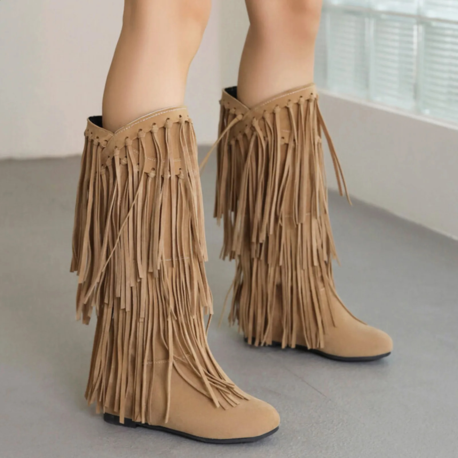 Womens Fringe Winter Western Round Toe Flats Suede Solid Cool Internal Elevation Boots Dr Daily Shoes 240911