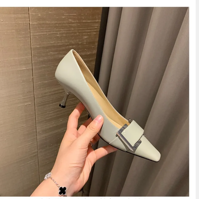 Elegant Square Button Water Diamond Square Head High-heeled Shoes Women Spring Autumn Shopping Commuting Fashion Single Shoes