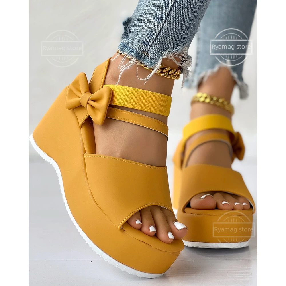 Sandals Women Peep Toe Bowknot Decor Platform Slingback Wed Soft Bottom Wedge Heels Sandalias Mujer Elegant Wedges Shoes