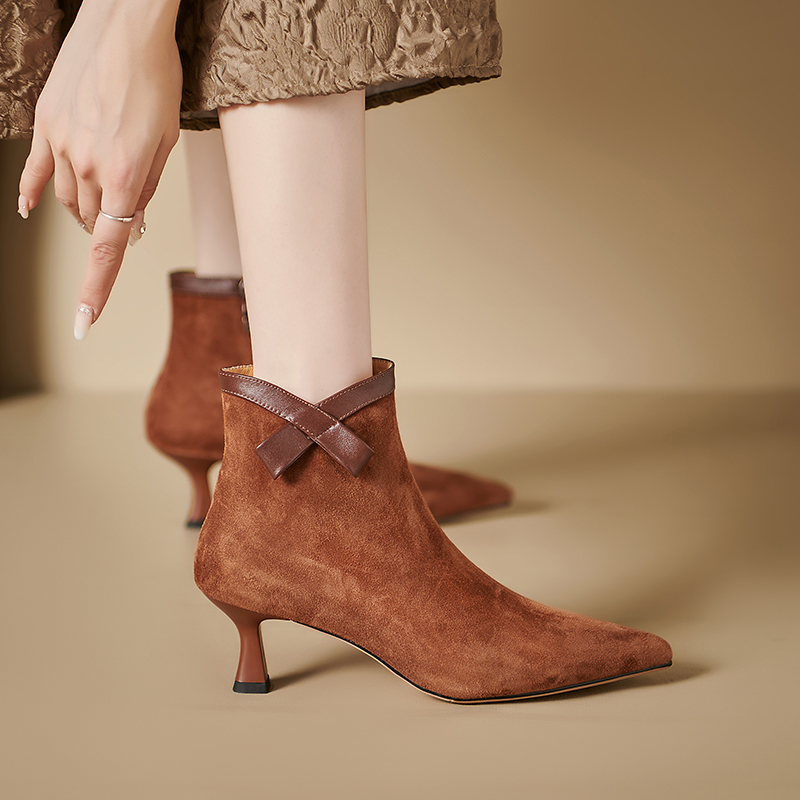 2024 Autumn Sheep Suede Pointed Toe Stiletto Winter for Women Ladies Shoes Modern Boots Genuine Leather c0bb