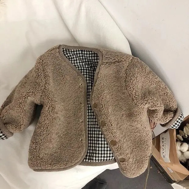 Children Winter Double Sided Wear Jacket Coats Korean Baby Boys Girls Lambswool Plaid Single Breasted Warm Outerwear 240906