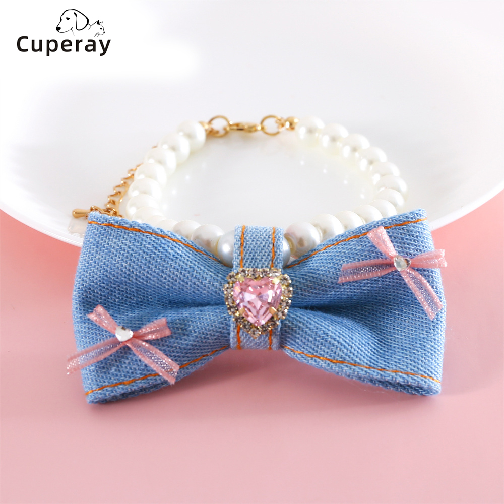 Pet Collar Pearl Denim Adjustable Puppy Collar Necklace Princess Heart Gemstone Rhinestone Birthday Bow Bichon Frize Dog Collars