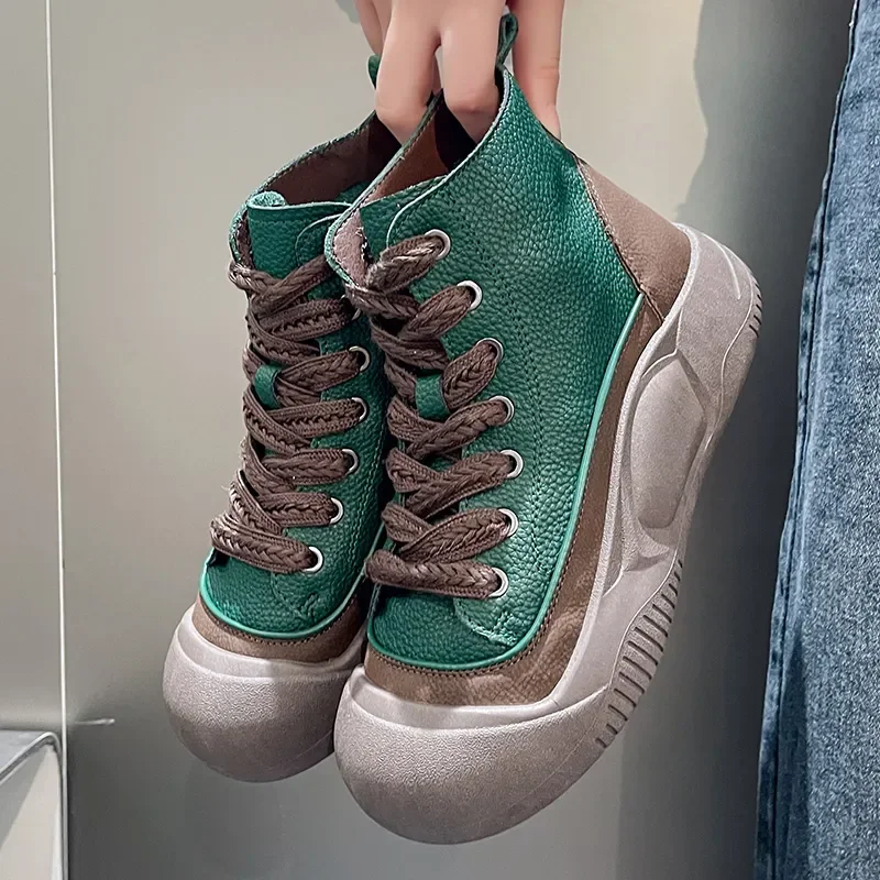 Top High Women's Sneakers Round Toe Platform Lace Up Sports Vulcanized Shoes Mixed Color Casual Spring Autumn Ladies Tennis Shoe 6d09 11f9 e34b