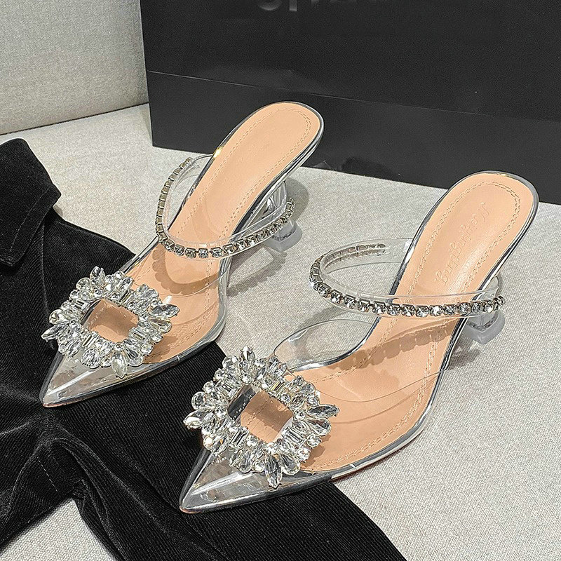 Luxury Rhinestone Transparent High Heels Crystal Sandals Women'S Summer Outside Wearing Pointed Toe Half Slippers