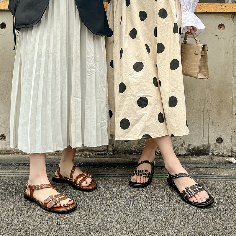 2025 new New Summer Casual Sandals Flat with Handmade Chunky Heel Gladiator Shoes for Women af5c