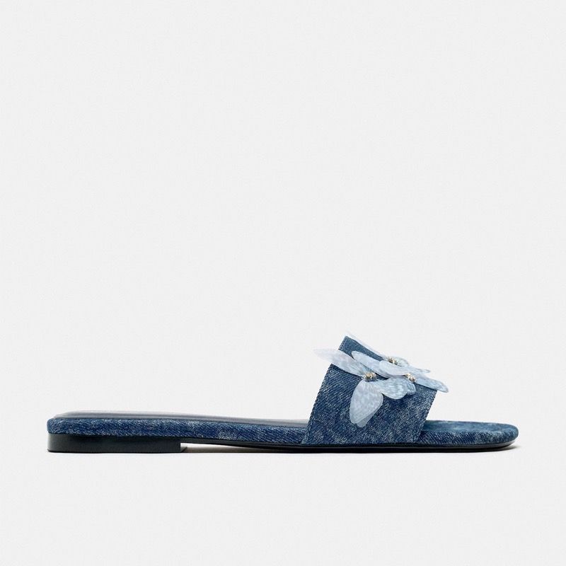 2024 Summer Flat Butterfly Decoration Slippers for Women's Fashion Denim Retro Flip ps Casual Beach Shoes Outdoor Slides