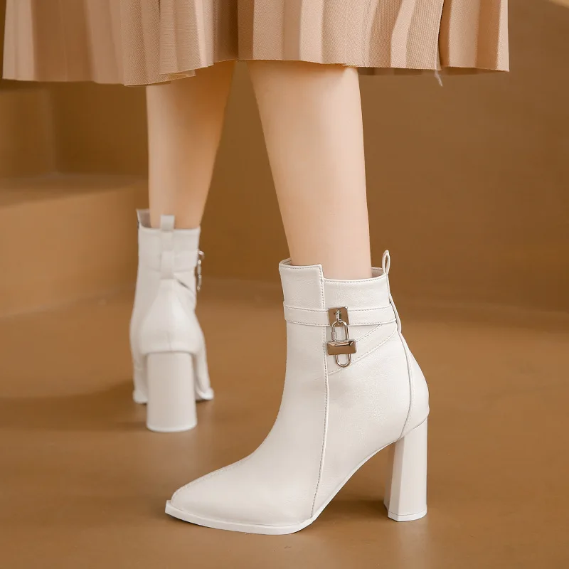 New Autumn Thick Heel Pointed Short Boots Side Zipper High Heels Women Shoes Metal Button Professional OL Ladies Ankle Boots