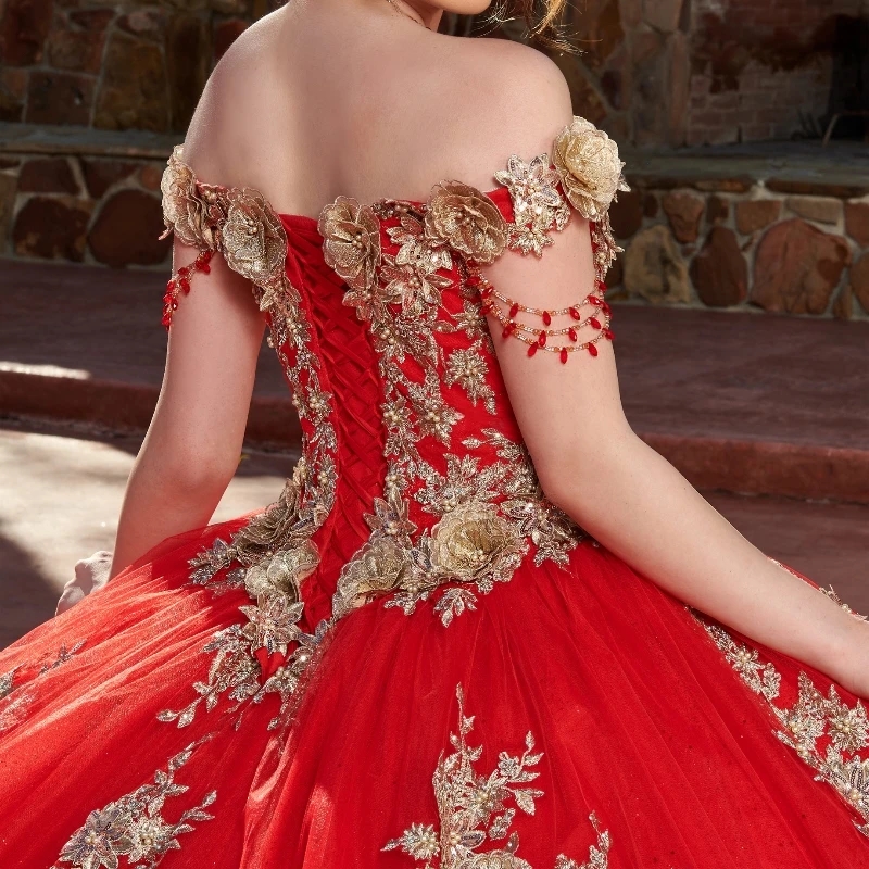 Red Shiny Princess Ball Gown Quinceanera Dresses Off The Shoulder Gold Applique Flower Beads Tull Sweet 16 Dress Vestido De 15 Anos