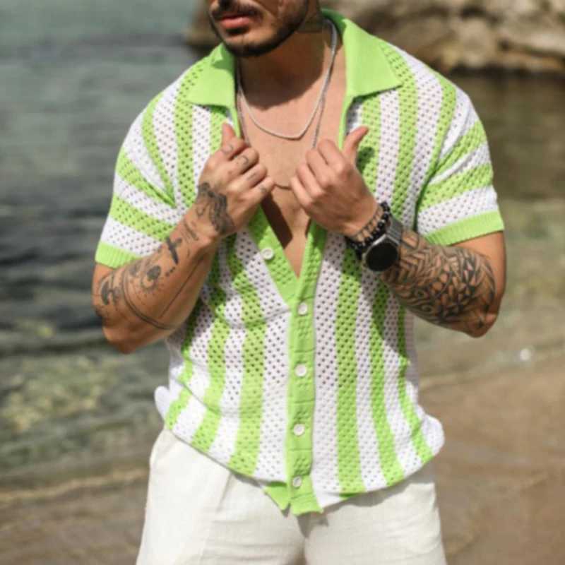 Knitted Shirts Mens Fashion Hollow Out Breathable Beach Cardigan Shirt Short Sleeve Mens Summer Button Lapel Casual Knit Shirts Z240914