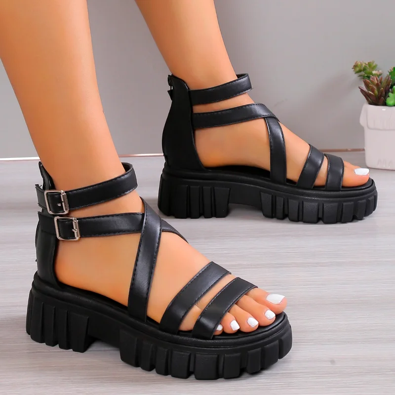 2025 new Roman Summer Double Buckle Women Sandals Casual Platform Thick Heel Fashion Sandales Ladies Shoes Black Sandalias e6f9