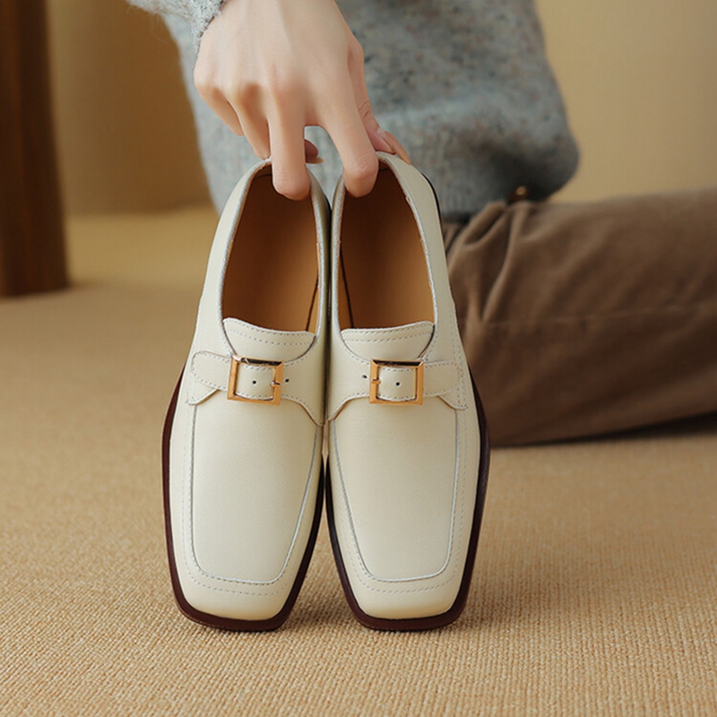 Spring NEW Loafers Genuine New Leather for Square Toe Chunky Heel Women Pumps Slip-on Buckle Oxfords Shoes 0fd3 Oxds